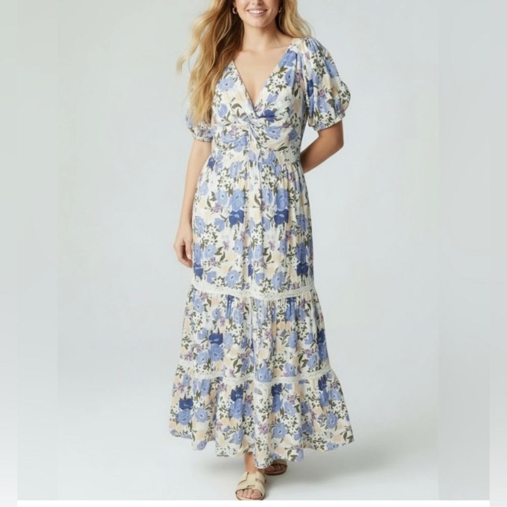 Japna Floral Tiered Maxi Dress Puff Sleeves Women Sz M Blue Cream Cottagecore